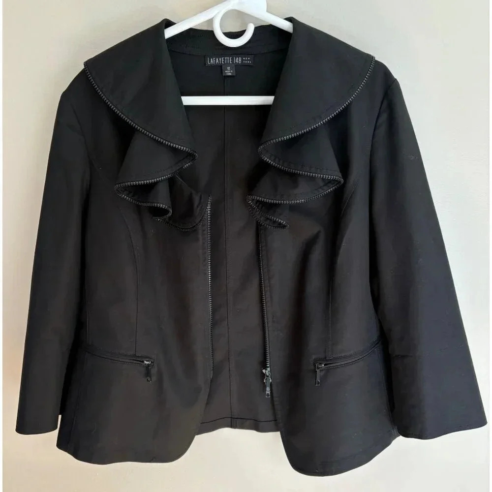 Lafayette 148 New York Black Blazer Career Jacket Size 12 Ruffled Zipper Necklin - Picture 4 of 13
